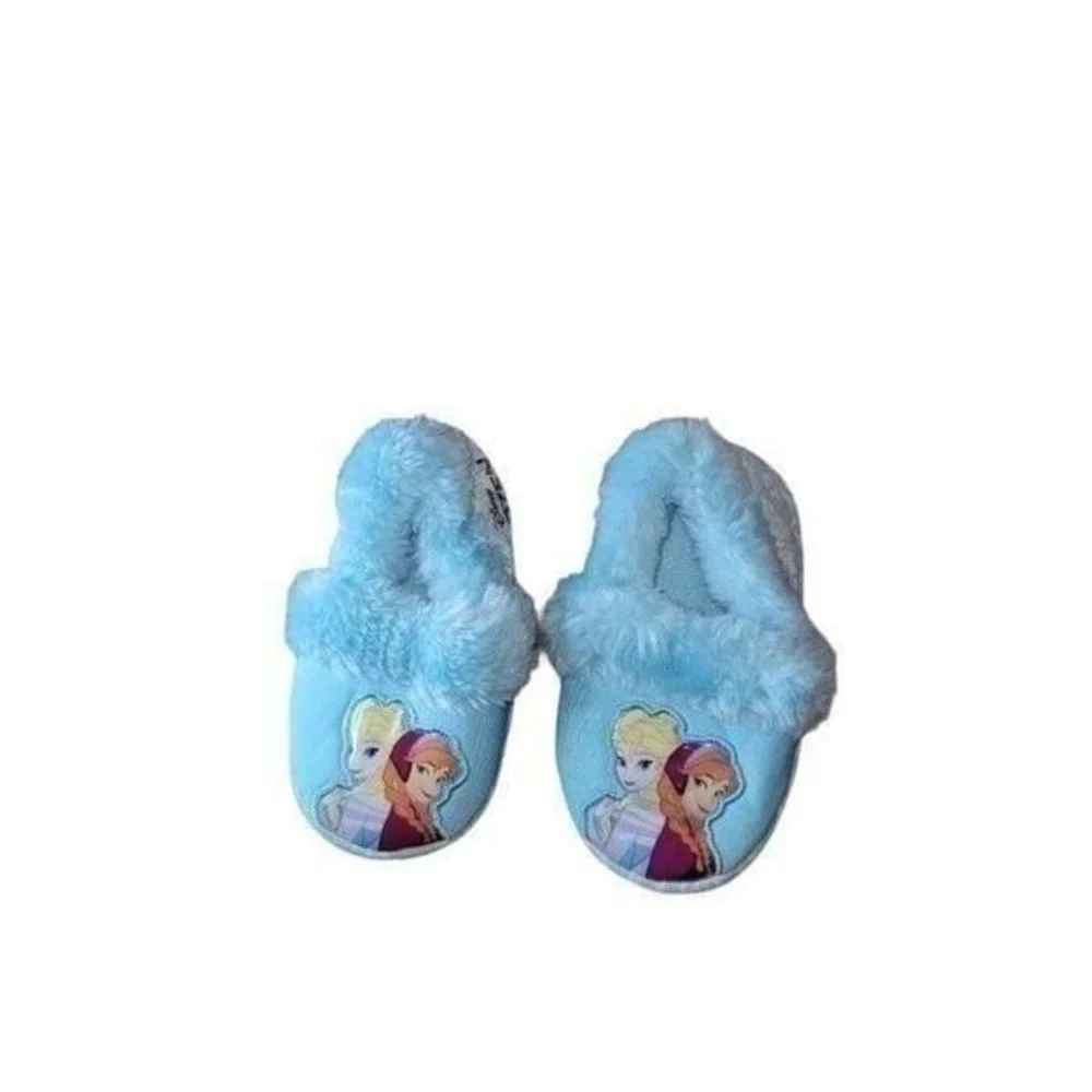 Disney Frozen Toddler Slippers Sz 5/6 Elsa Anna Blue Plush Shoes Girls Cozy Kid